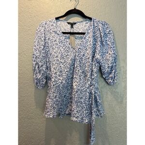 Banana Republic Petite M Blue Floral Toile Wrap Blouse Ruched Sleeve 604884-01-1